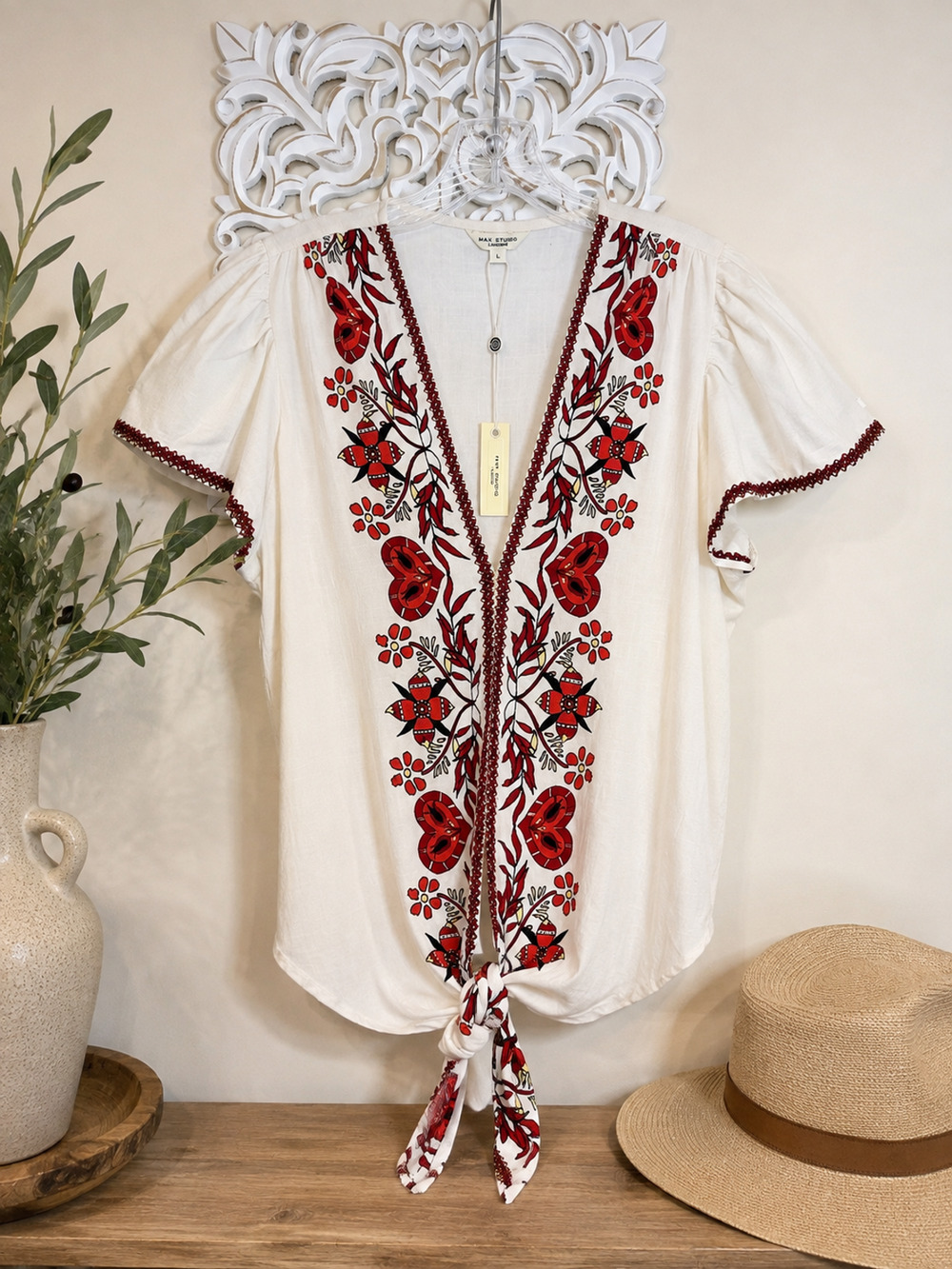 MAX Studio London Floral Print Tie Front Blouse size L Boho Red Ivory NWT $195